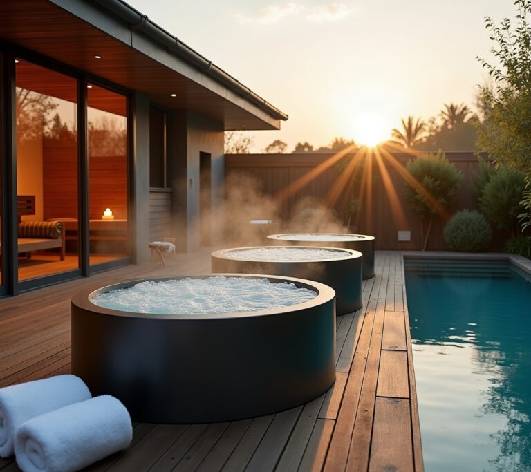Modern cold plunge tub in backyard setting