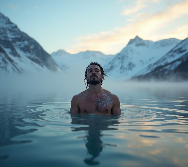 Person meditating before entering cold water