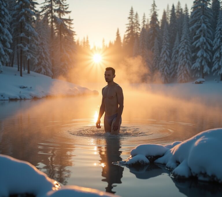 Sunrise view with man preparing for cold plunge