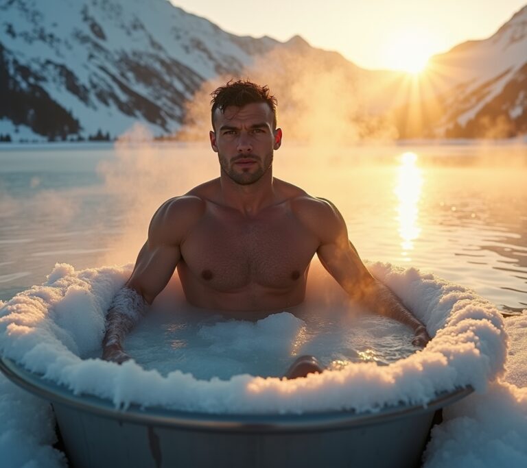 Athlete emerging from cold plunge looking powerful