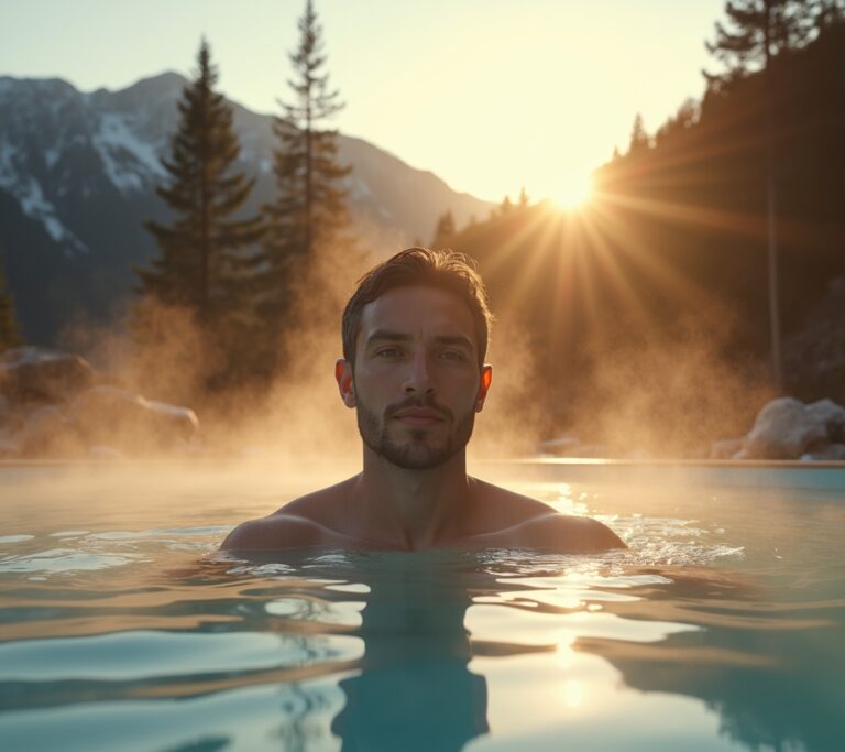 Person doing cold plunge at sunrise