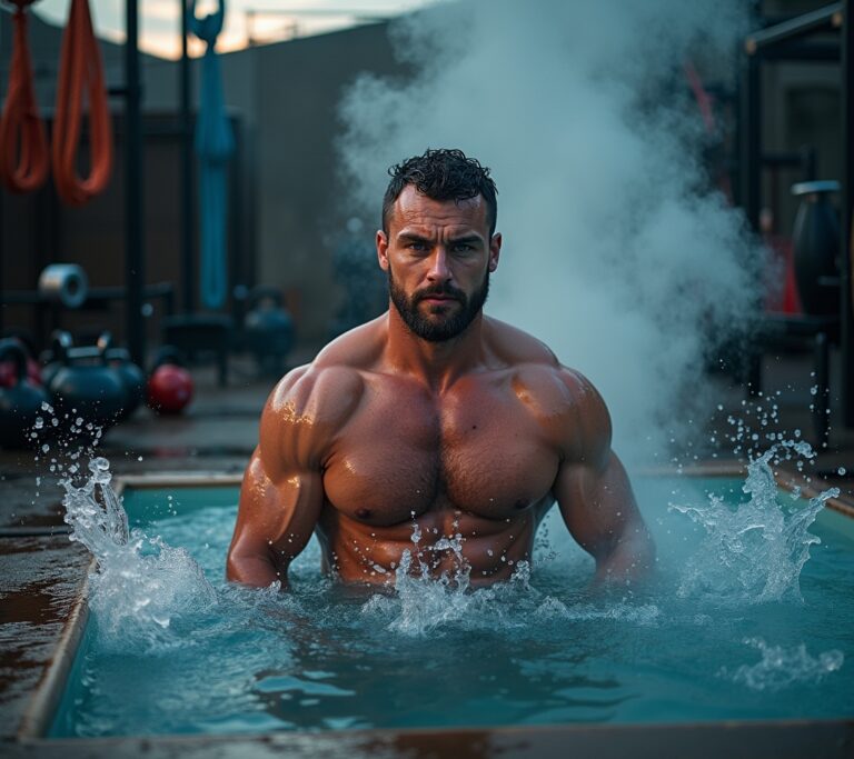 CrossFit athlete entering cold plunge post-WOD