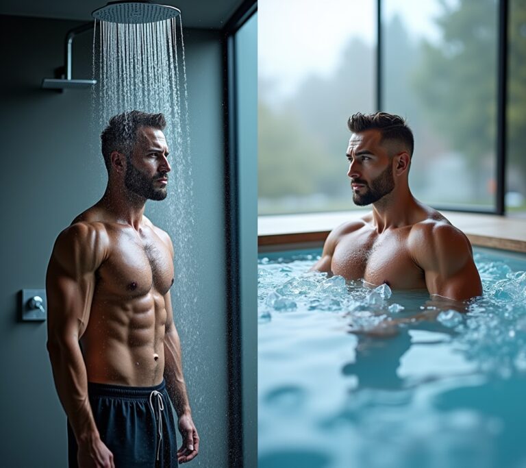 Split image of shower and ice bath