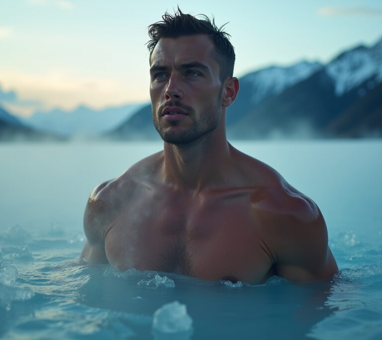 Athlete sitting in ice bath after training session