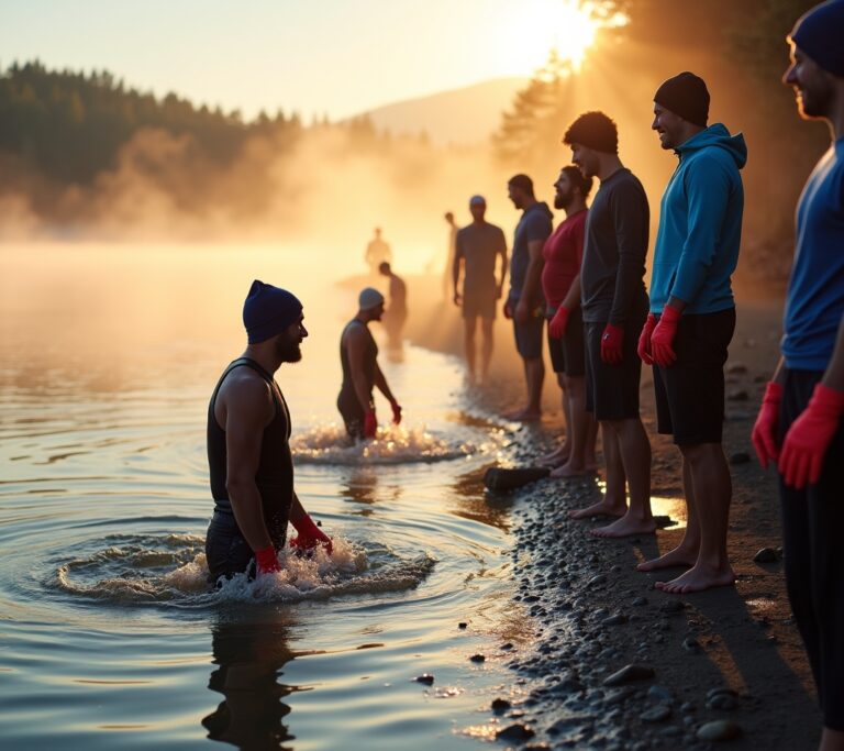 Swimmer entering cold lake at dawn