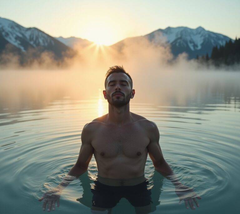 Person at edge of cold plunge at dawn