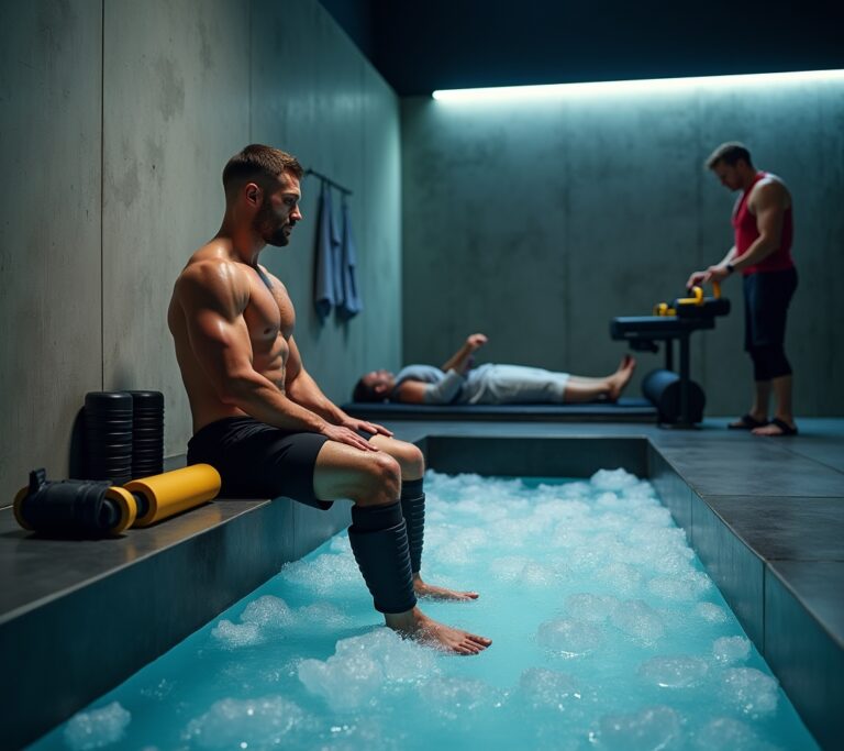 Athlete in full recovery setup with tub and roller