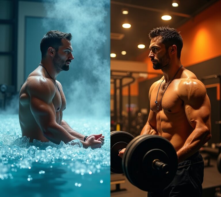Man stepping into ice bath in gym setting