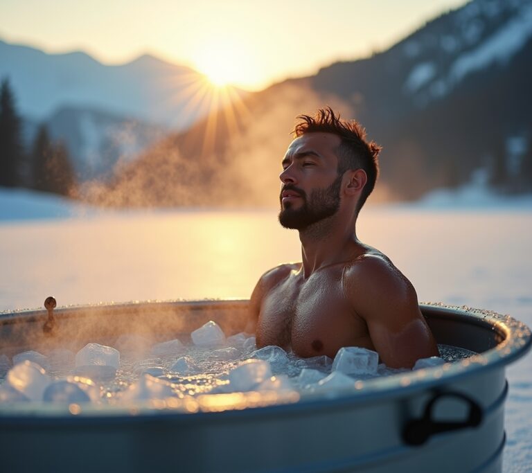 Runner submerging legs in ice bath after race