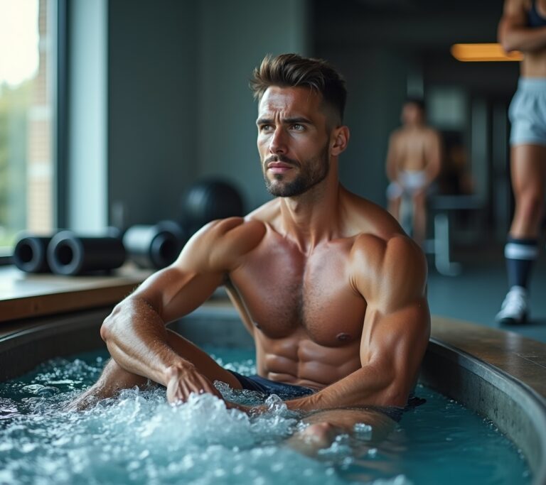 Home gym with cold plunge and foam roller setup