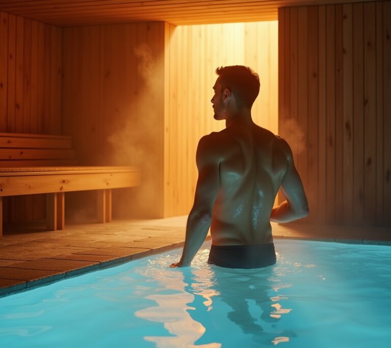 Wooden sauna beside outdoor cold plunge tub