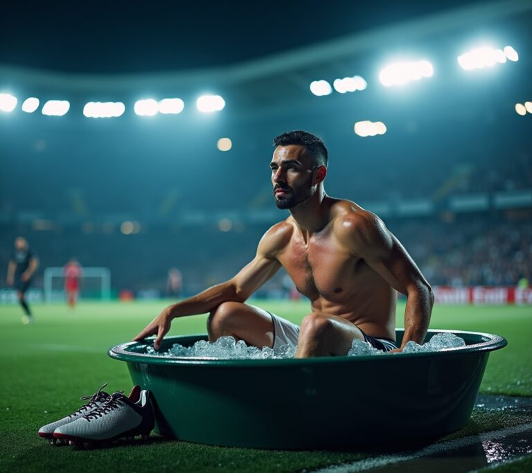 Soccer player in ice bath after match