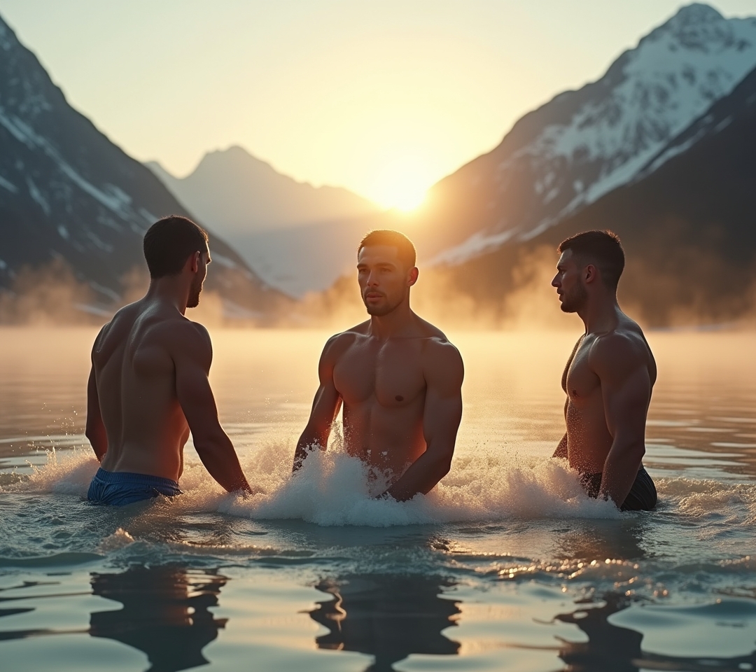 Recreational athlete in backyard cold plunge