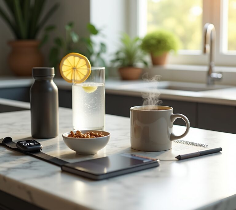 Morning routine items laid out on countertop